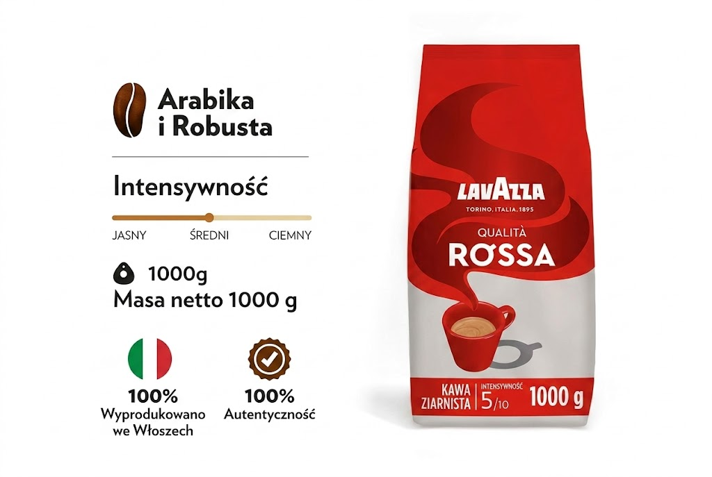 Ziarna kawy Lavazza Qualità Rossa 1 kg (jedno opakowanie), oferta limitowana, mieszanka Arabiki i Robusty, intensywność 5/10, średnie palenie. Lavazza. Kawa Lavazza. Kawa. Lavazza Rossa. Idealne na weekendowe wyprzedaże. Promocja majowa. Prezenty. Obniżki majowe. Napoje. Zakupy.