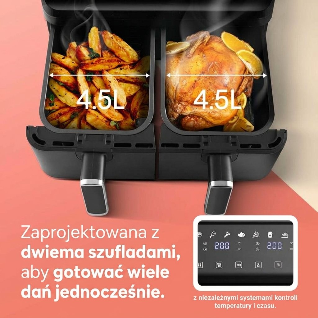 Smażalnik beztłuszczowy Keplin Dual Zone – oszczędne urządzenie kuchenne z 6 funkcjami gotowania, o dużej pojemności na zdrowe posiłki. Pieczenie, suszenie, chrupanie w rozmiarze rodzinnym (9 / 9,5 l) - Image 4