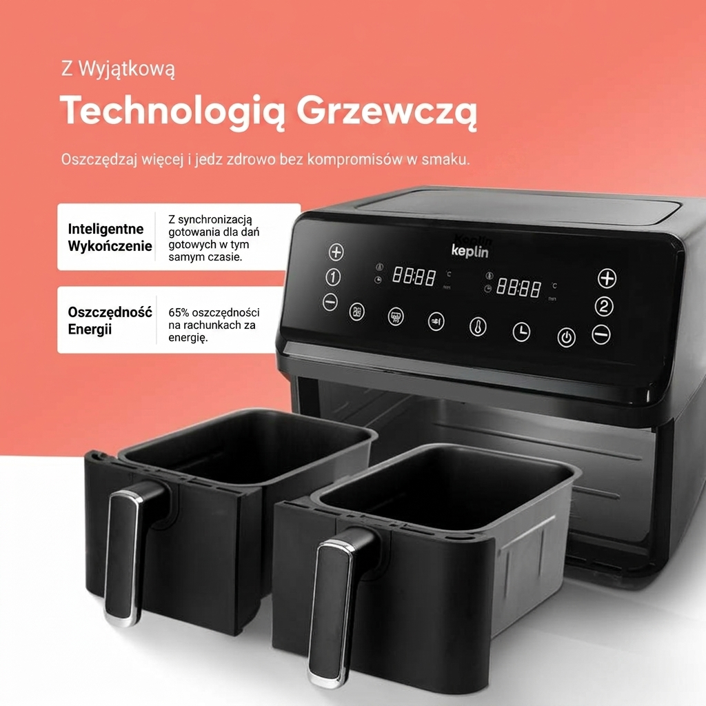 Smażalnik beztłuszczowy Keplin Dual Zone – oszczędne urządzenie kuchenne z 6 funkcjami gotowania, o dużej pojemności na zdrowe posiłki. Pieczenie, suszenie, chrupanie w rozmiarze rodzinnym (9 / 9,5 l) - Image 5