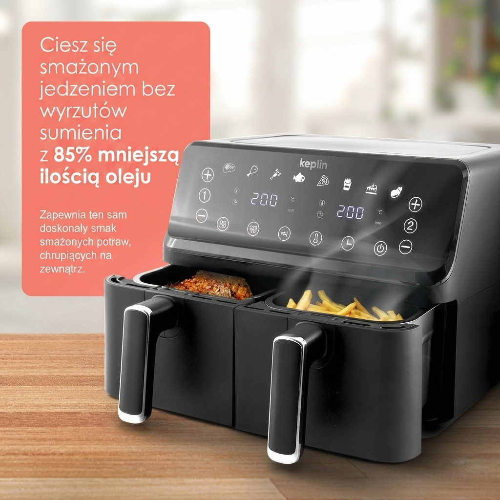 Smażalnik beztłuszczowy Keplin Dual Zone – oszczędne urządzenie kuchenne z 6 funkcjami gotowania, o dużej pojemności na zdrowe posiłki. Pieczenie, suszenie, chrupanie w rozmiarze rodzinnym (9 / 9,5 l) - Image 6