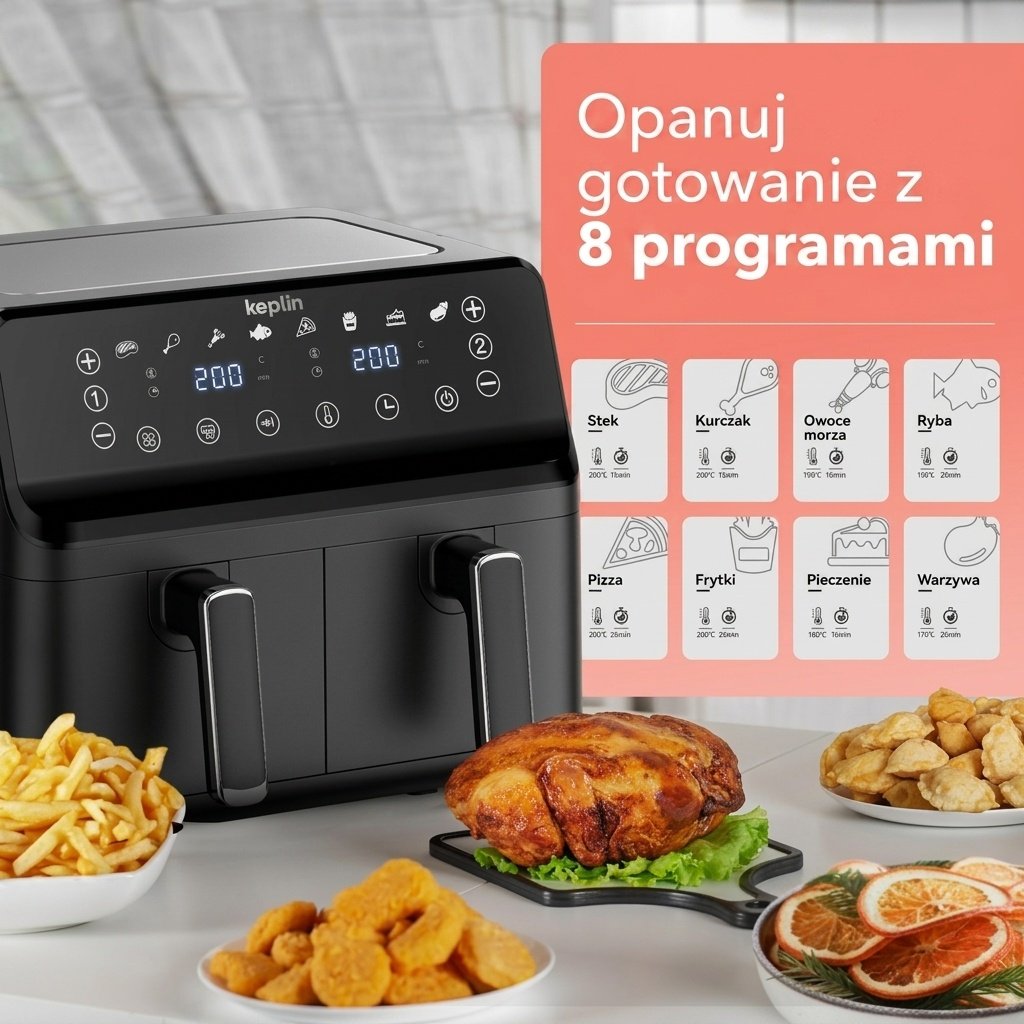 Smażalnik beztłuszczowy Keplin Dual Zone – oszczędne urządzenie kuchenne z 6 funkcjami gotowania, o dużej pojemności na zdrowe posiłki. Pieczenie, suszenie, chrupanie w rozmiarze rodzinnym (9 / 9,5 l) - Image 2