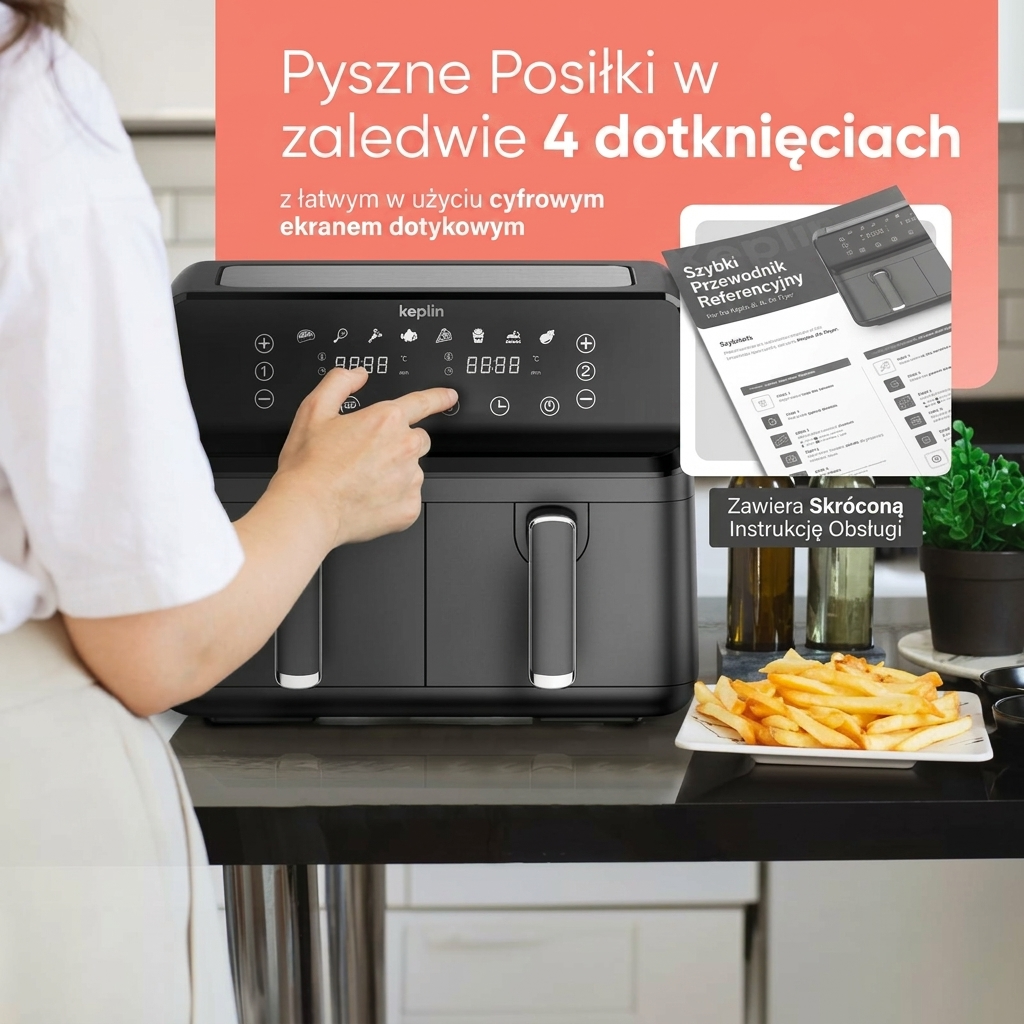 Smażalnik beztłuszczowy Keplin Dual Zone – oszczędne urządzenie kuchenne z 6 funkcjami gotowania, o dużej pojemności na zdrowe posiłki. Pieczenie, suszenie, chrupanie w rozmiarze rodzinnym (9 / 9,5 l) - Image 3