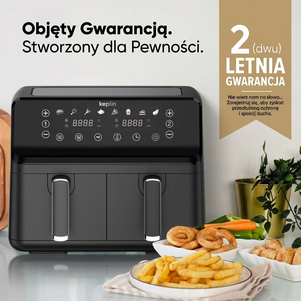 Smażalnik beztłuszczowy Keplin Dual Zone – oszczędne urządzenie kuchenne z 6 funkcjami gotowania, o dużej pojemności na zdrowe posiłki. Pieczenie, suszenie, chrupanie w rozmiarze rodzinnym (9 / 9,5 l) - Image 8