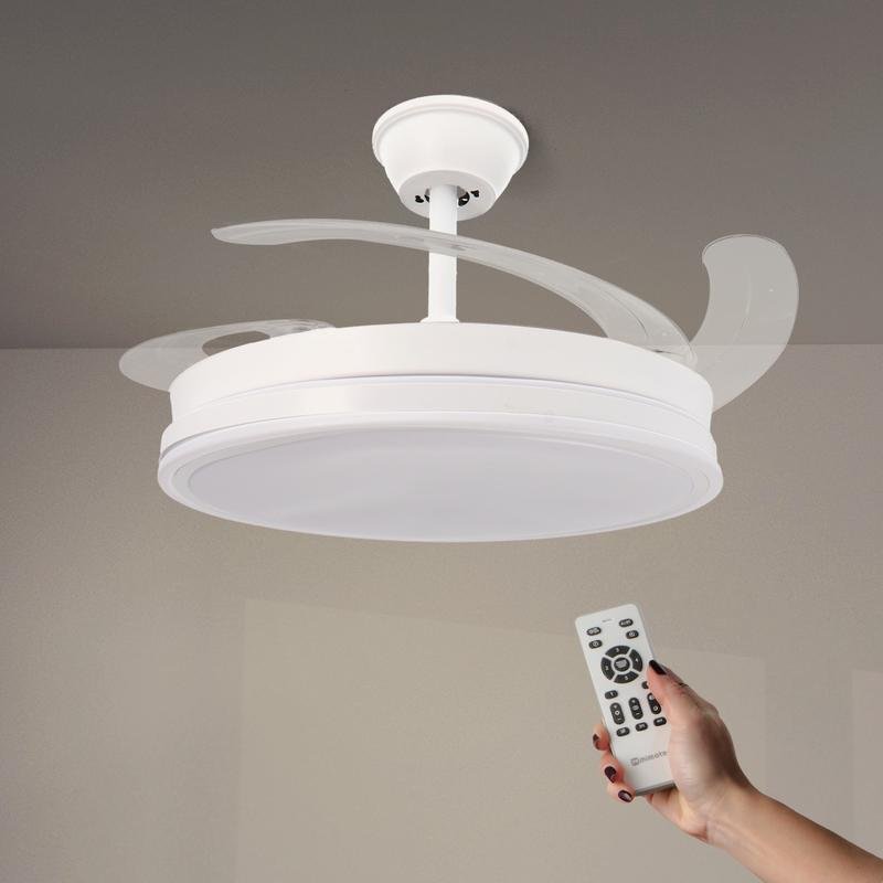Iluminashop - Sufitowy wentylator z oświetleniem LED White Olga, pilot zdalnego sterowania, silnik DC, 6 prędkości, cicha praca, chowane łopatki, funkcja lato-zima, timer, regulacja CCT