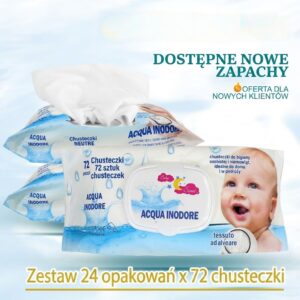 Chusteczki wilgotne BEZ ALKOHOLU, opakowanie 24x72, łącznie 1728 sztuk, bardzo miękkie