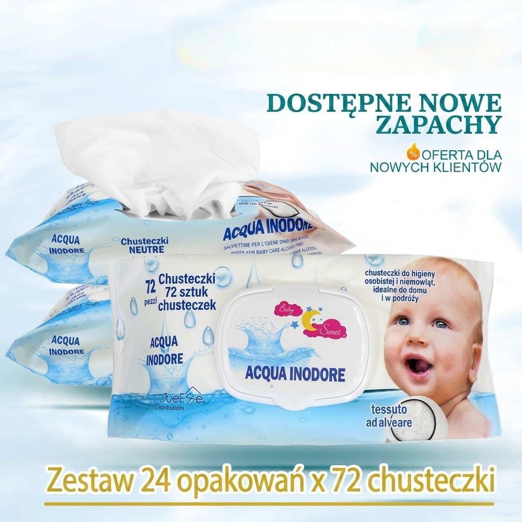 Chusteczki wilgotne BEZ ALKOHOLU, opakowanie 24x72, łącznie 1728 sztuk, bardzo miękkie